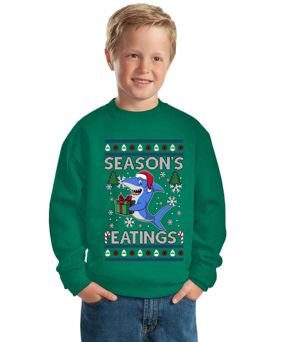 Season's Eatings Shark Ugly Christmas Sweater For Kids | Unisex Boys Girls Crewneck Graphic Sweatshirt