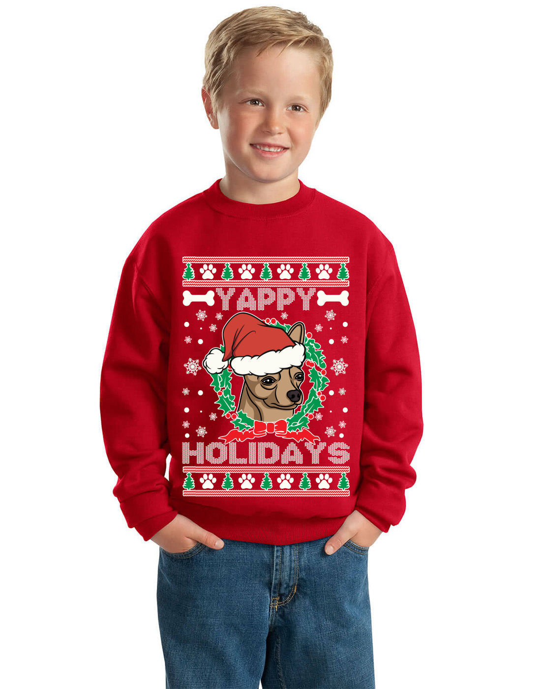 Yappy Holidays Ugly Christmas Sweater Unisex Boys Girls Crewneck Graphic Sweatshirt