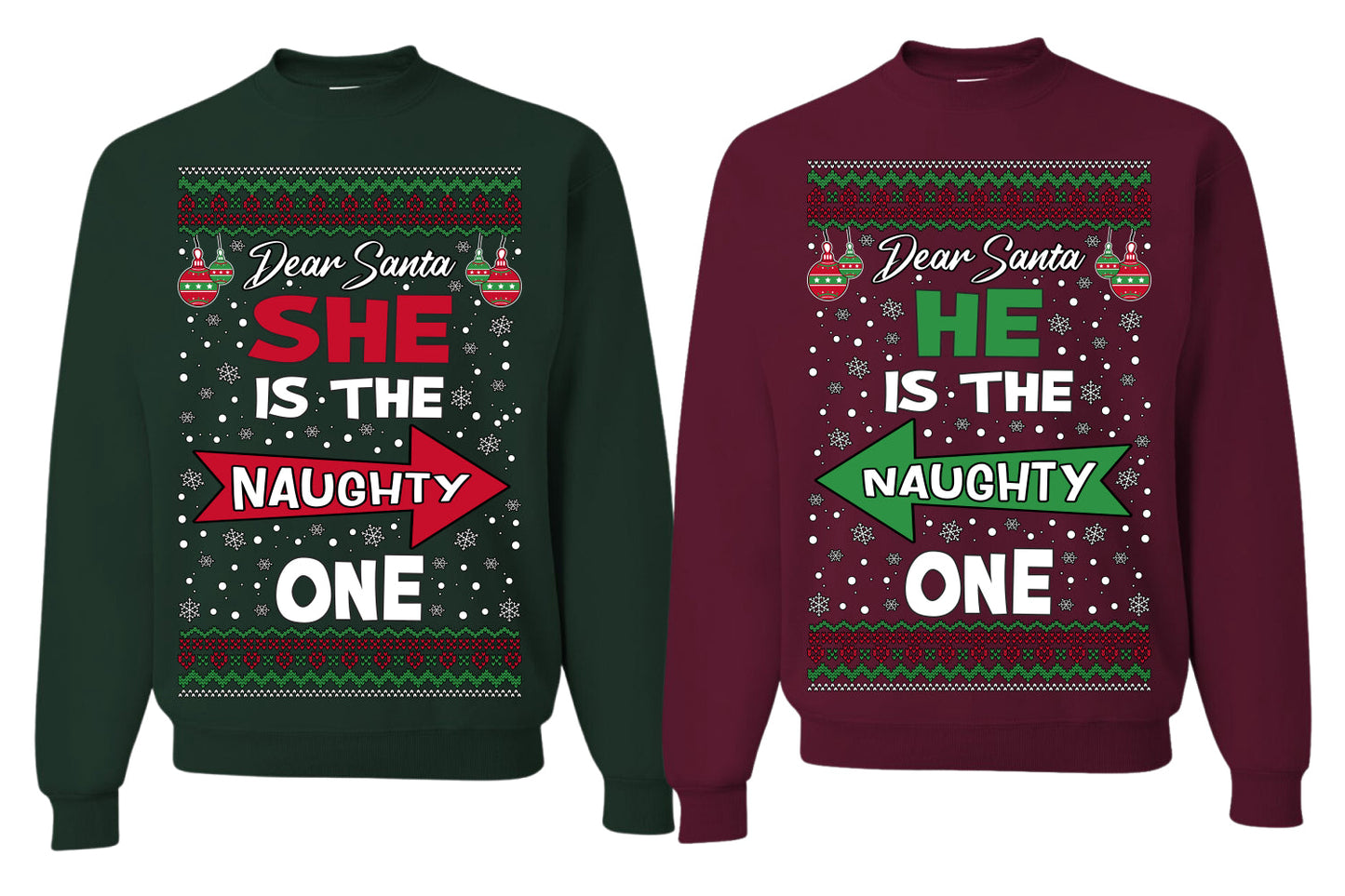 She is Naughty One, He is the Naughty One Funny Couples Sweatshirt Ugly Christmas Matching Couple Sweater Crewneck Sweatshirt