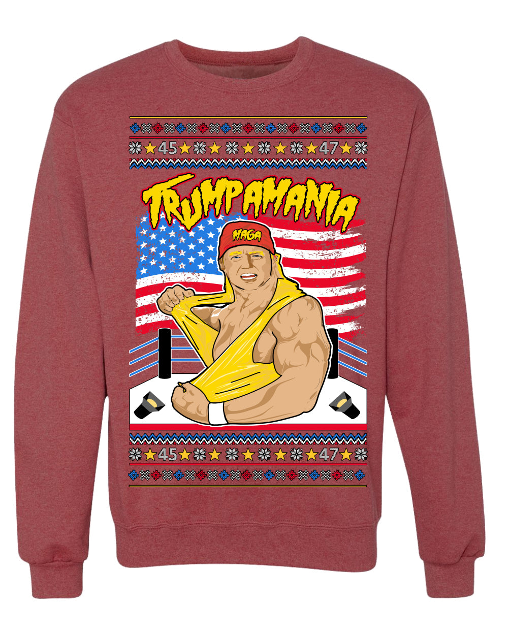 Trumpamania Funny Hogan 80s USA Wrestling Sports Parody Ugly Christmas Sweater Crewneck Sweatshirt