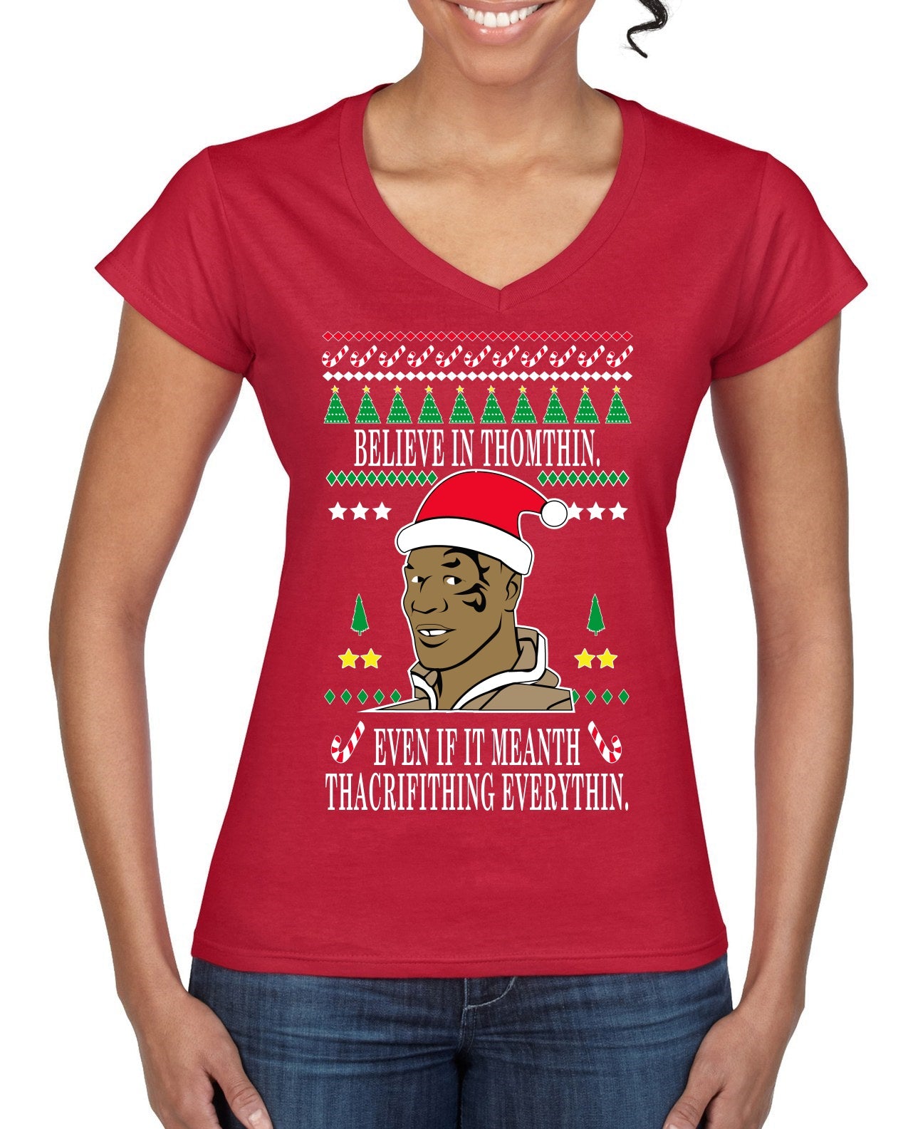 Lisp Believe In Thomthin Thacrifithing Everythin Ugly Christmas Sweater Women’s Standard V-Neck Tee