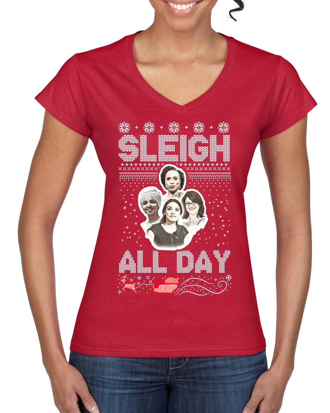 AOC The Squad Congresswomen Sleigh All Day Xmas Ugly Christmas Sweater Women’s Standard V-Neck Tee