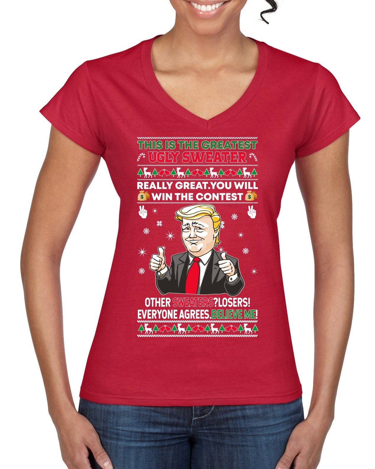 Trump This is the Greatest Ugly Christmas Sweater Women’s Standard V-Neck Tee
