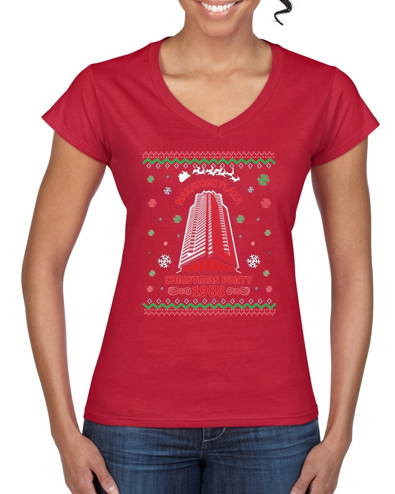 Nakatomi Plaza Christmas Party 1988 Ugly Christmas Sweater Women’s Standard V-Neck Tee