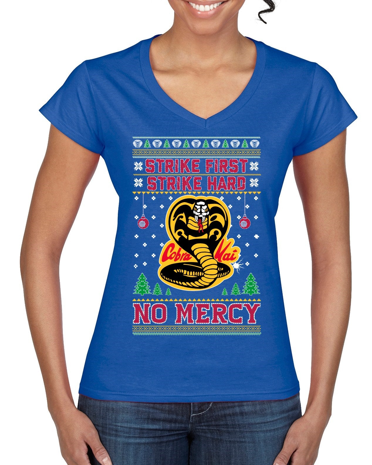 Strike First Strike Hard No Mercy Xmas Ugly Christmas Sweater Women’s Standard V-Neck Tee