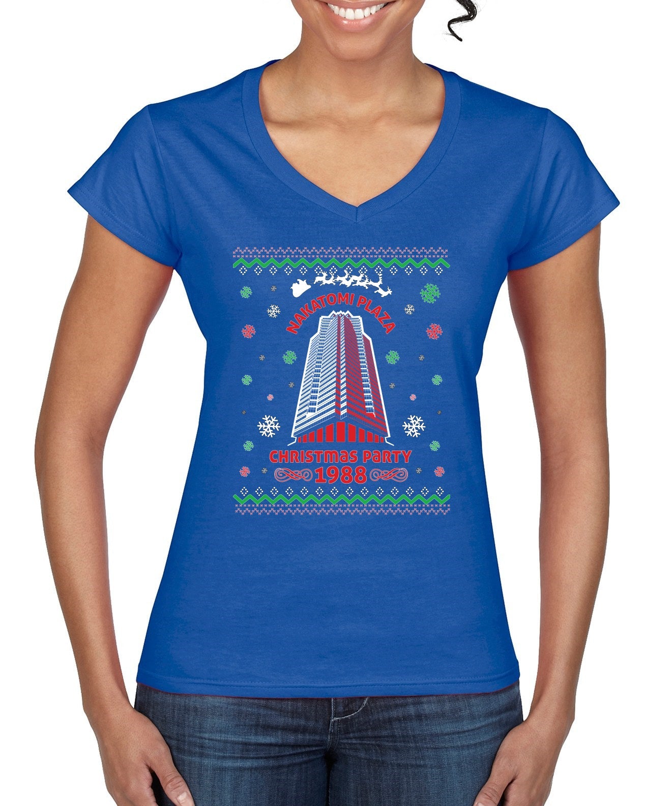 Nakatomi Plaza Christmas Party 1988 Ugly Christmas Sweater Women’s Standard V-Neck Tee