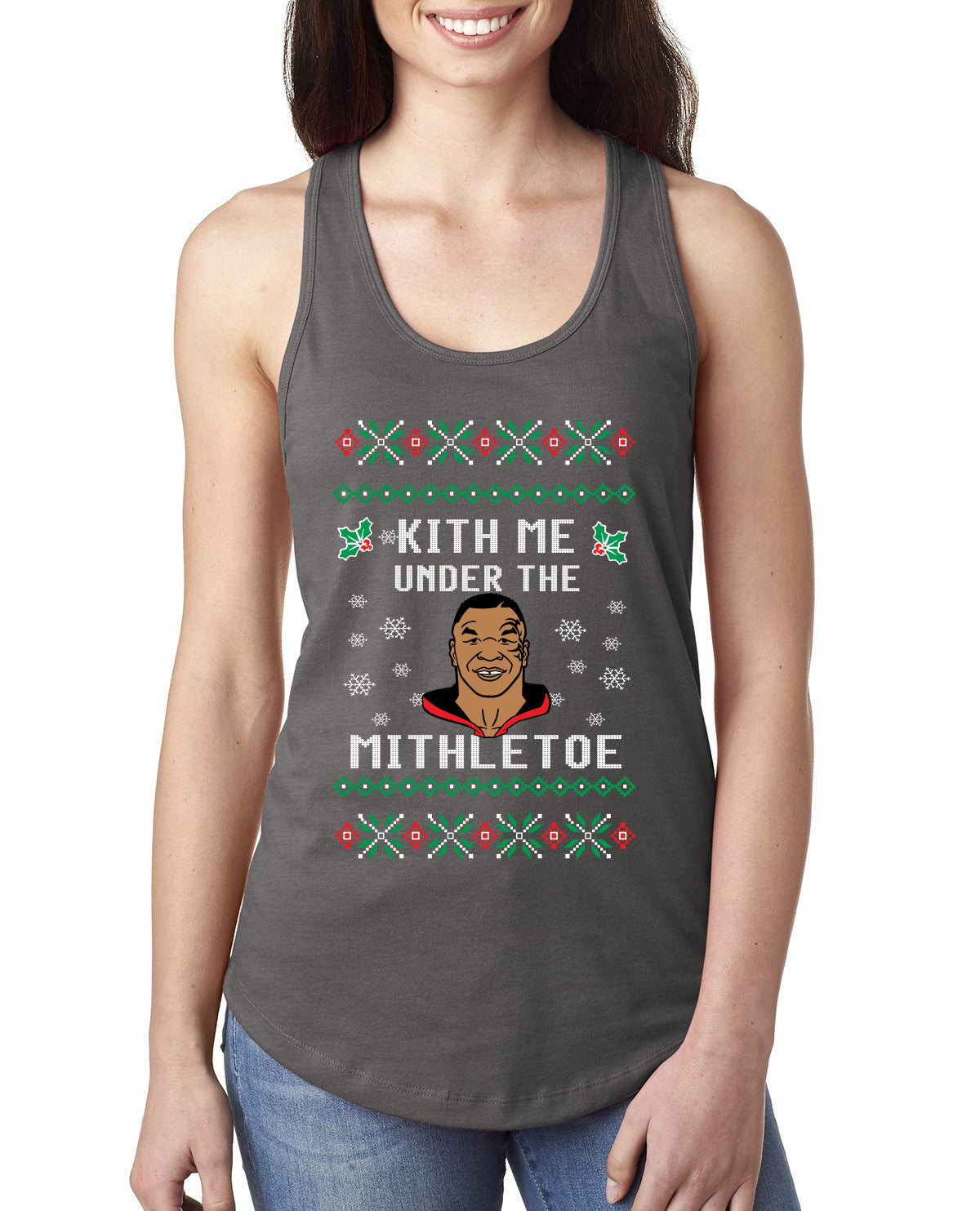 Kith Me Under The Mithletoe Funny Lips Christmas Ladies Racerback Tank Top
