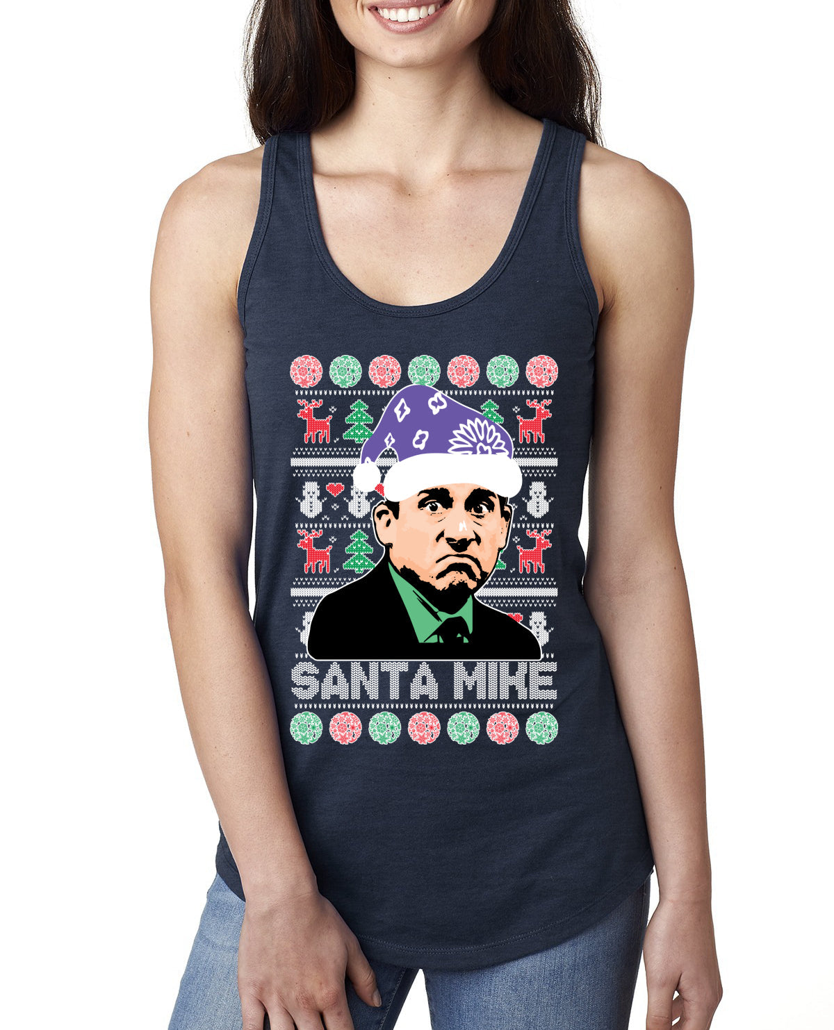 Santa Mike Michael Scott The Office Ugly Christmas Sweater Ladies Racerback Tank Top