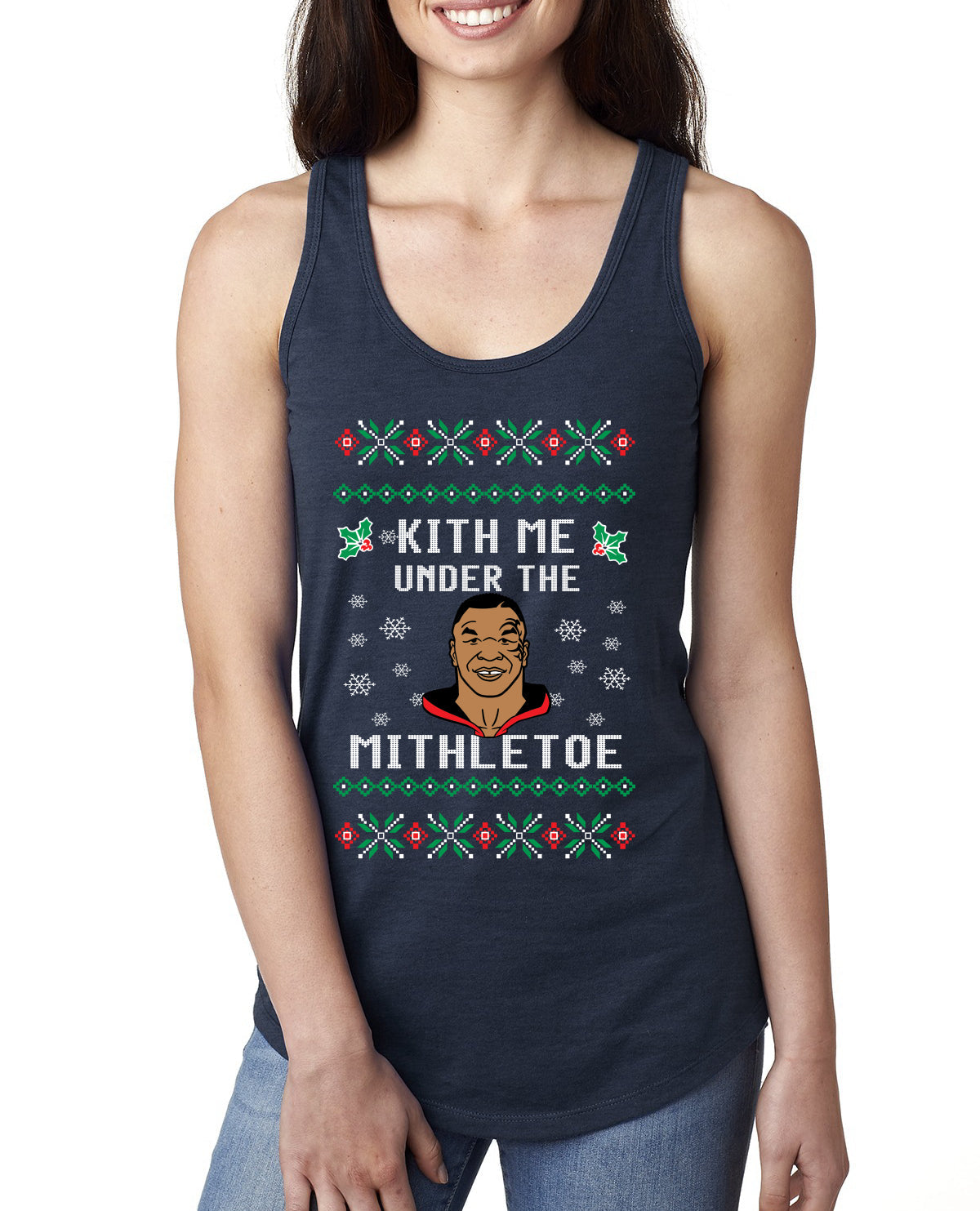 Kith Me Under The Mithletoe Funny Lips Christmas Ladies Racerback Tank Top