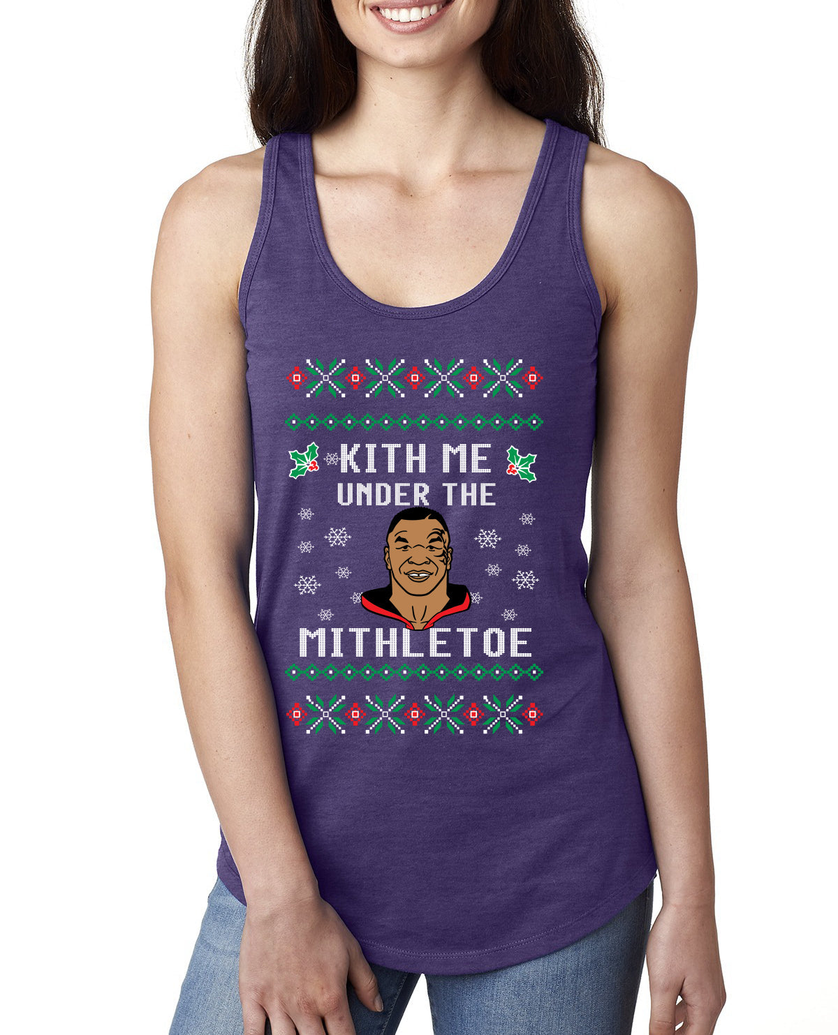 Kith Me Under The Mithletoe Funny Lips Christmas Ladies Racerback Tank Top