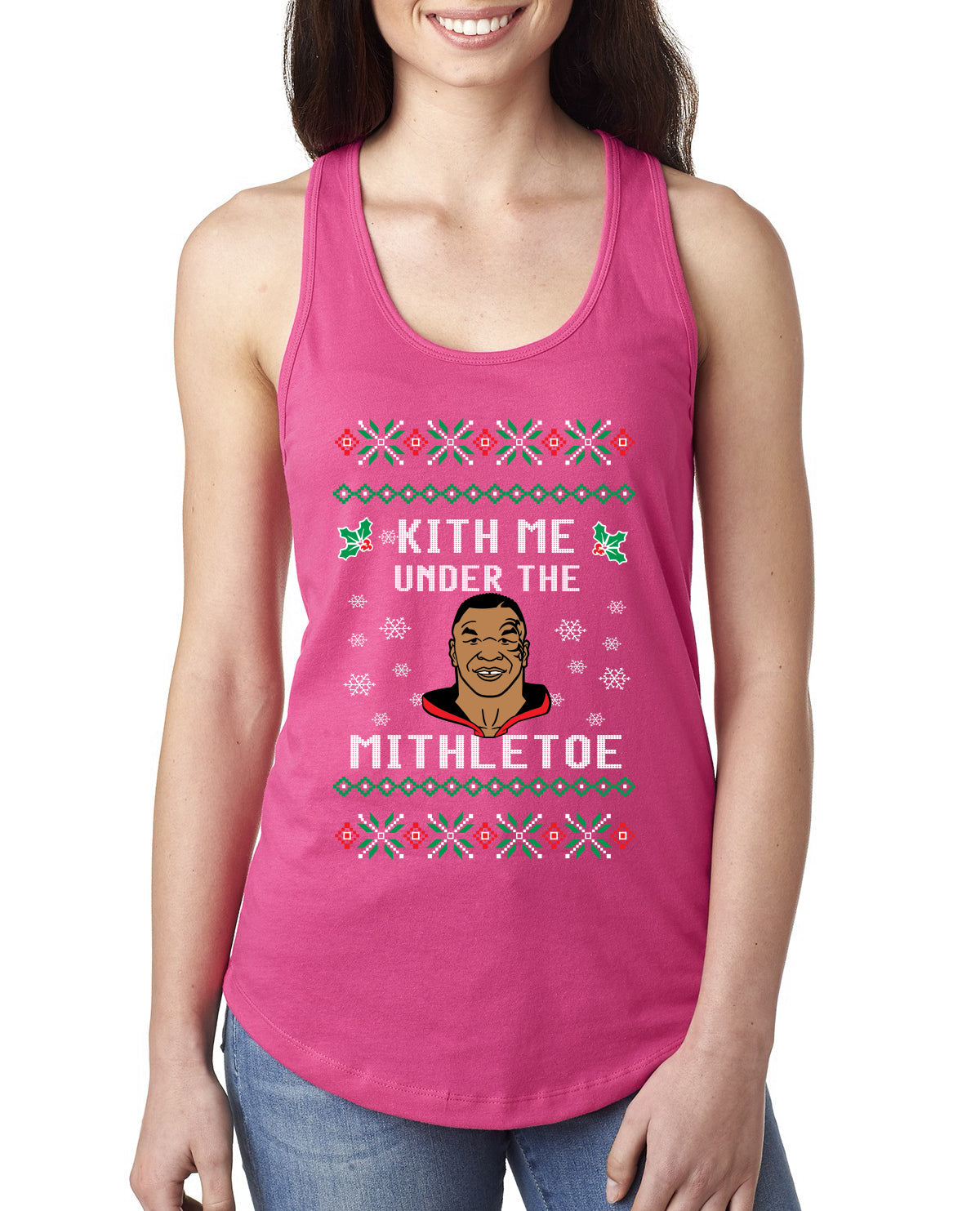 Kith Me Under The Mithletoe Funny Lips Christmas Ladies Racerback Tank Top