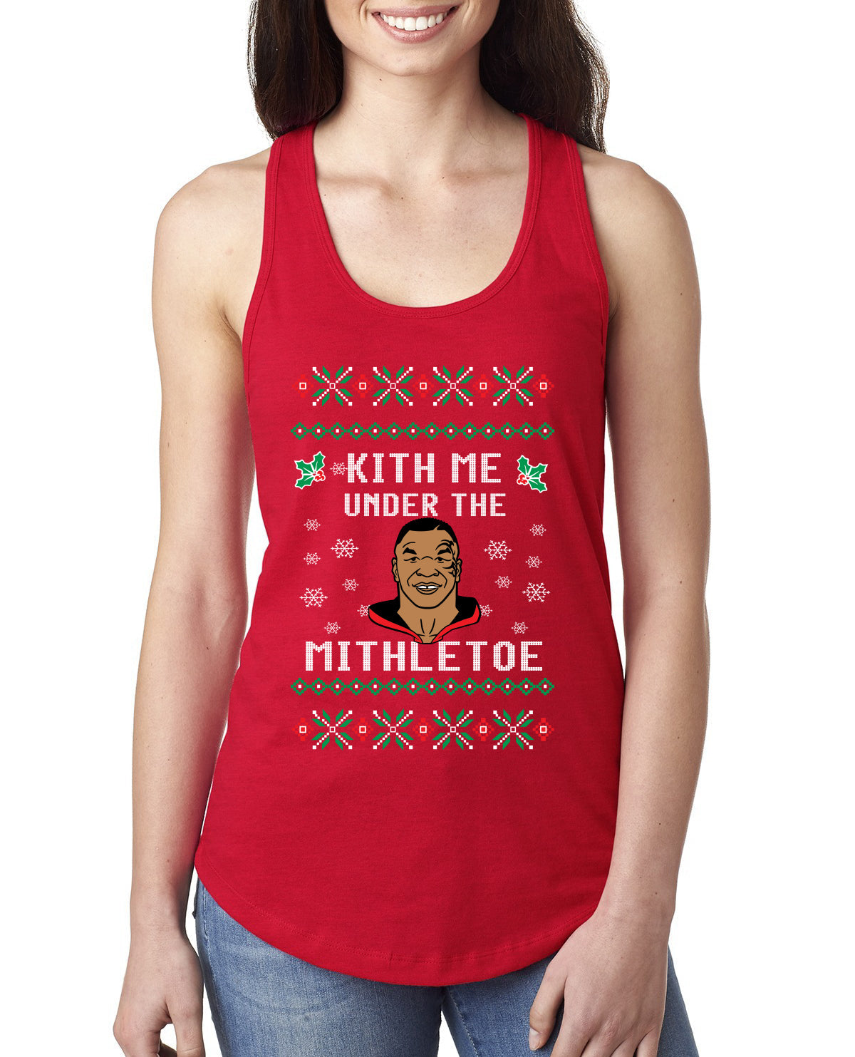 Kith Me Under The Mithletoe Funny Lips Christmas Ladies Racerback Tank Top