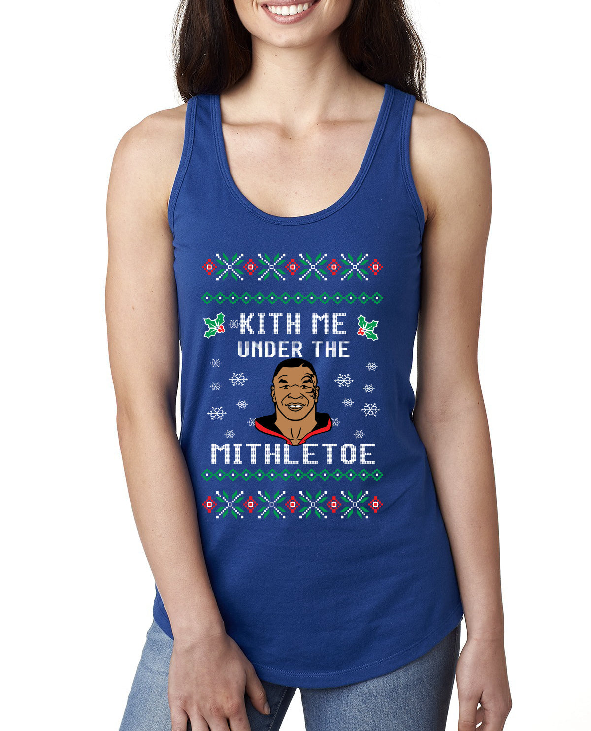 Kith Me Under The Mithletoe Funny Lips Christmas Ladies Racerback Tank Top