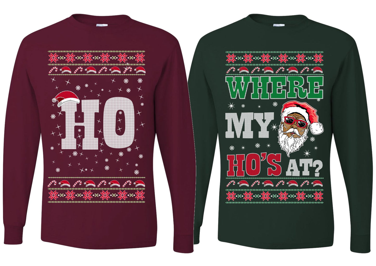 Where My Ho's At? Ho Ugly Christmas Matching Couples Long Sleeve Shirt