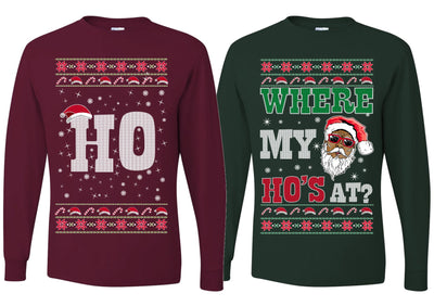 Where My Ho's At? Ho Ugly Christmas Matching Couples Long Sleeve Shirt