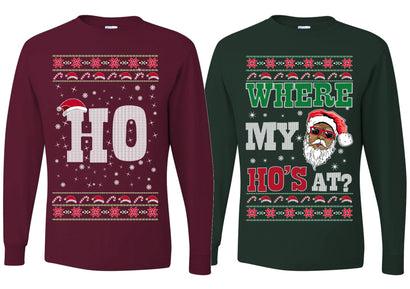 Where My Ho's At? Ho Ugly Christmas Matching Couples Long Sleeve Shirt