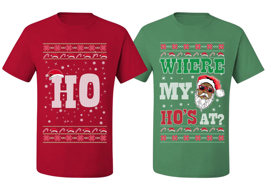 Where My Ho's At? Ho Ugly Christmas Matching Couples Crewneck T-Shirt