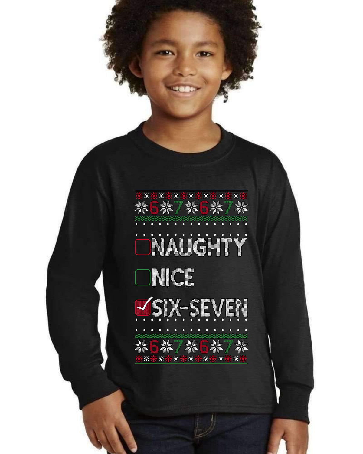 Naughty Nice 6 7 Checklist Ugly Christmas Sweater For Kids | Youth Longsleeve Shirt