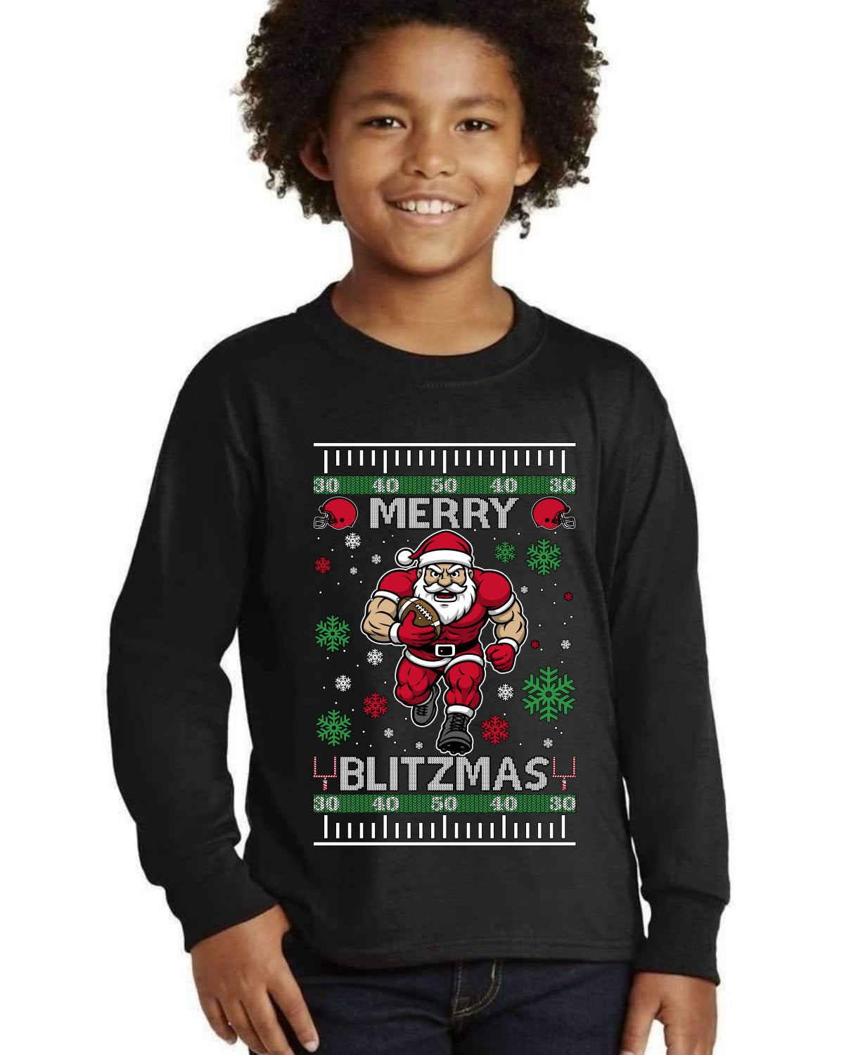 Merry Blitzmas, Football Christmas Sweater Design Ugly Christmas Sweater For Kids | Youth Longsleeve Shirt