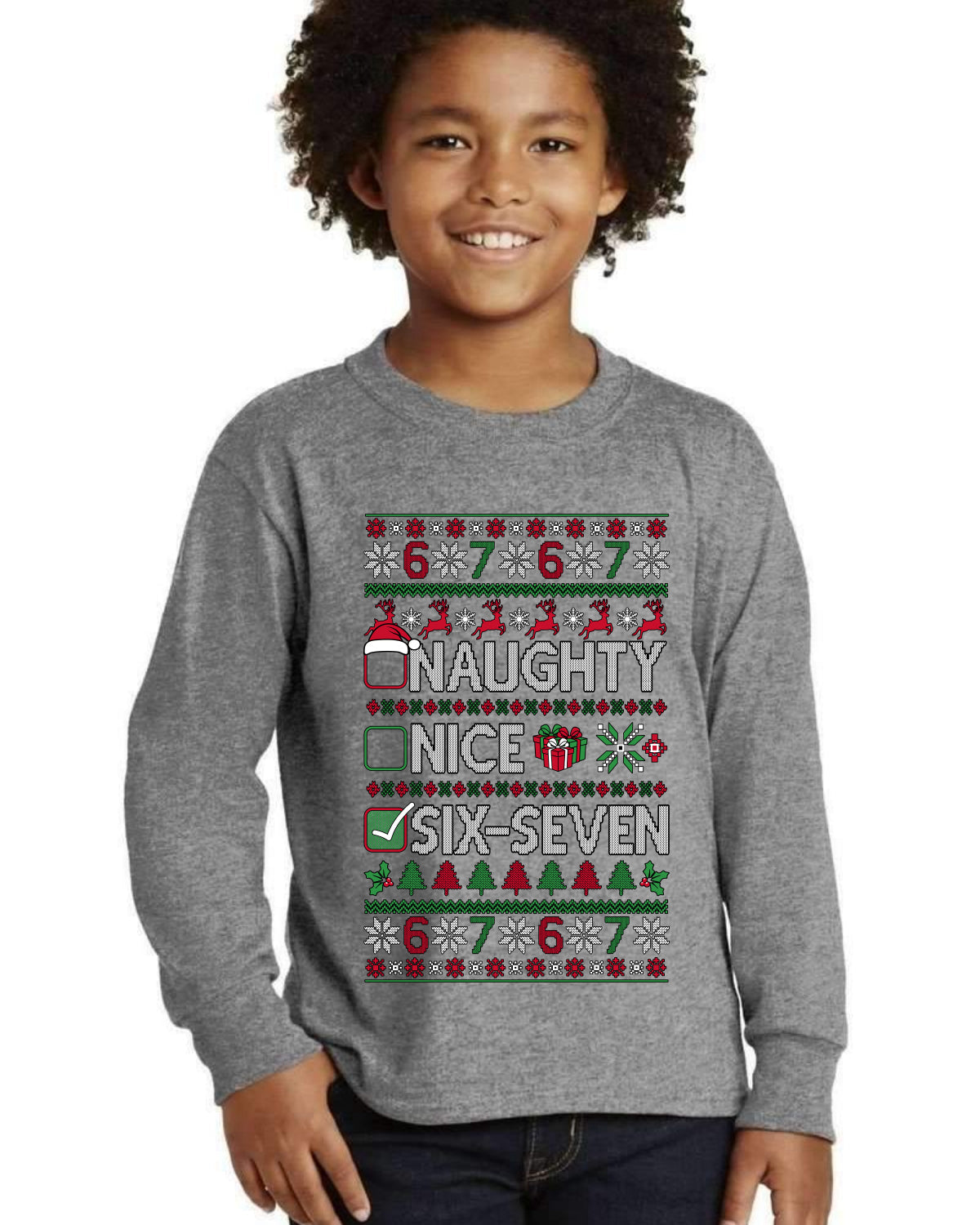 Naughty Nice 6 7 Checklist Ugly Christmas Sweater For Kids | Youth Longsleeve Shirt