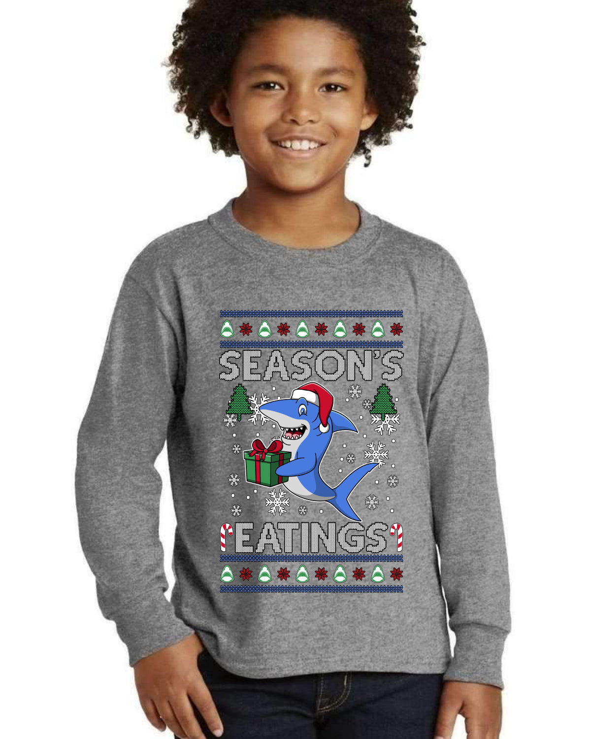 Season's Eatings Shark Ugly Christmas Sweater For Kids | Youth Longsleeve Shirt