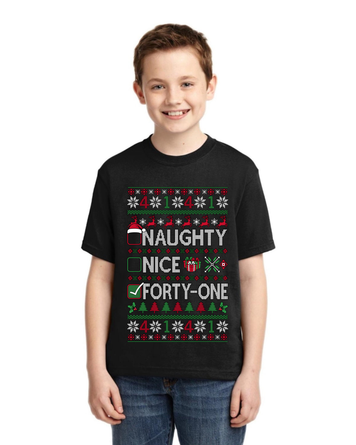 Naughty Nice 4 1 Checklist Ugly Christmas Sweater For Kids | Unisex Boys Girls Graphic Youth T-Shirt