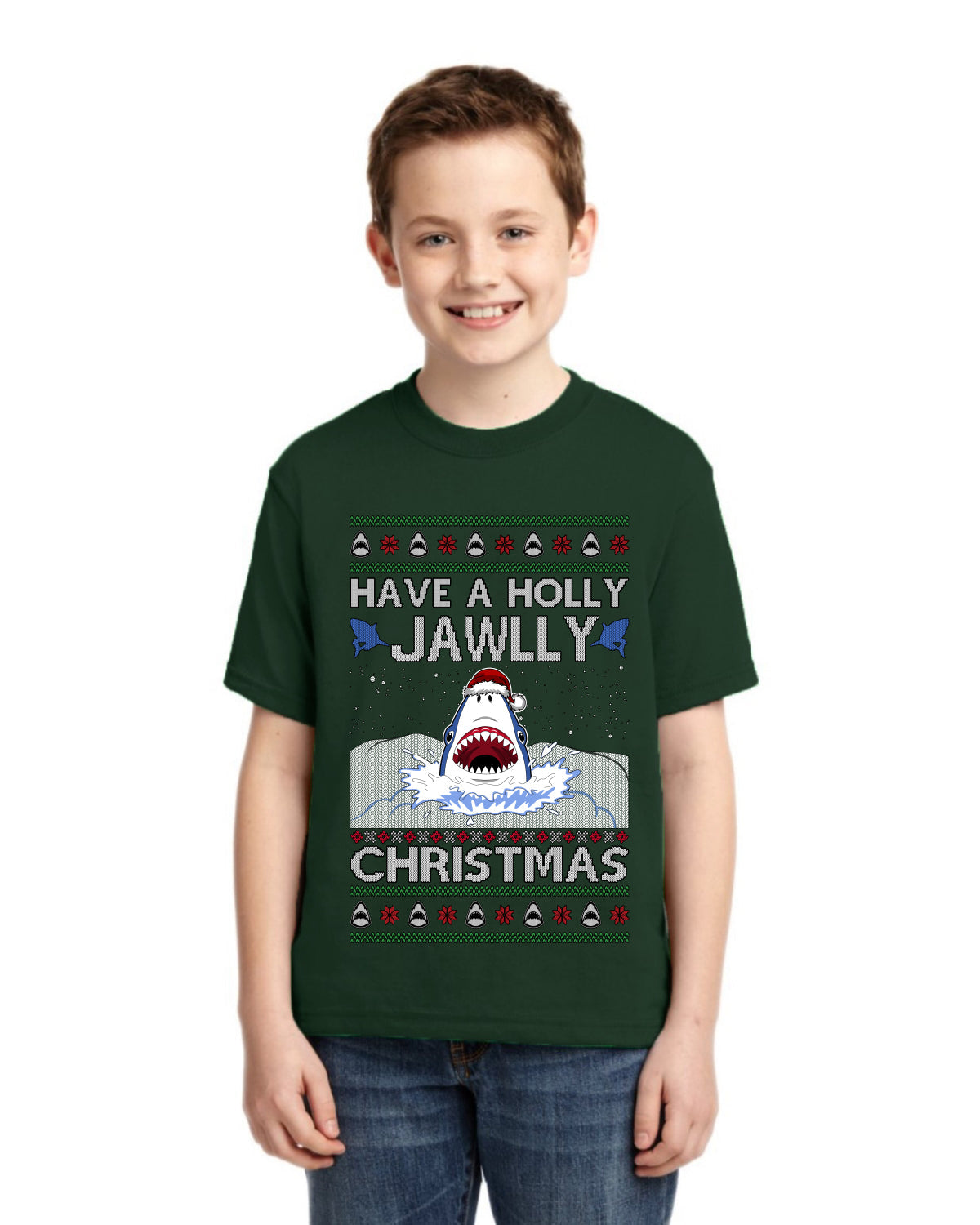 Have a Holly Jawlly Christmas, Cute Shark Ugly Christmas Sweater For Kids | Unisex Boys Girls Graphic Youth T-Shirt