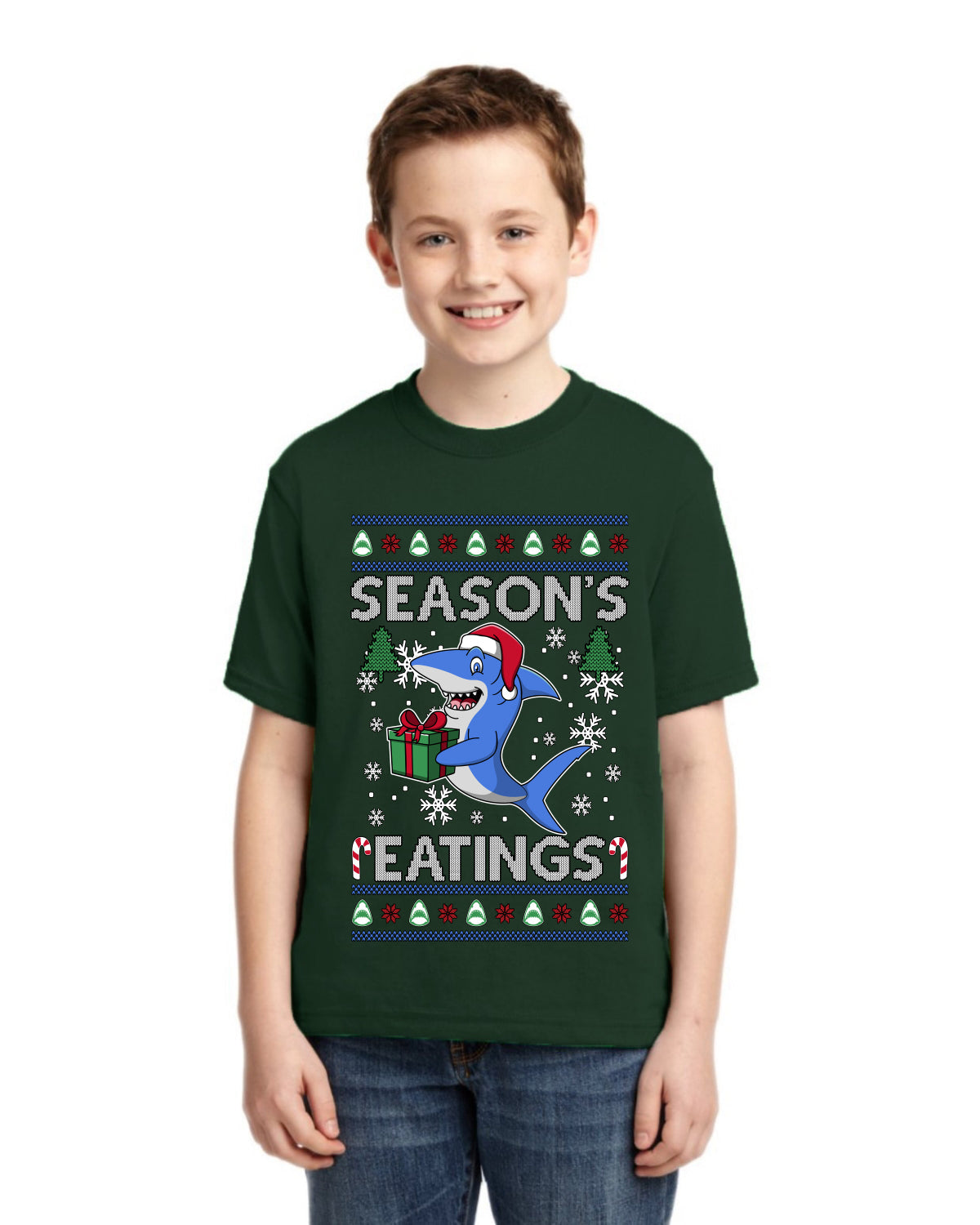 Season's Eatings Shark Ugly Christmas Sweater For Kids | Unisex Boys Girls Graphic Youth T-Shirt