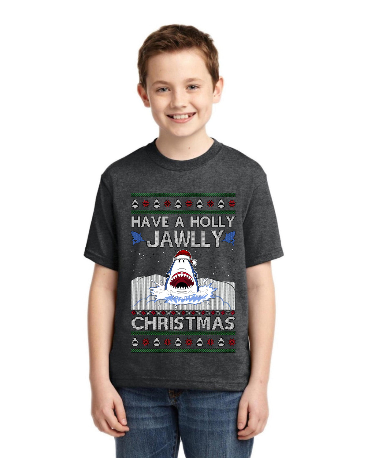 Have a Holly Jawlly Christmas, Cute Shark Ugly Christmas Sweater For Kids | Unisex Boys Girls Graphic Youth T-Shirt