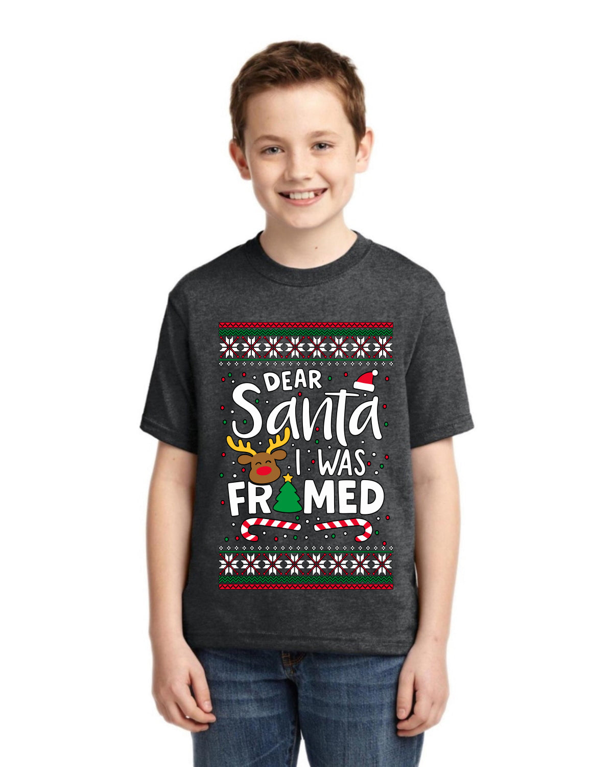 Dear Santa I Was Framed Ugly Christmas Sweater For Kids | Unisex Boys Girls Graphic Youth T-Shirt