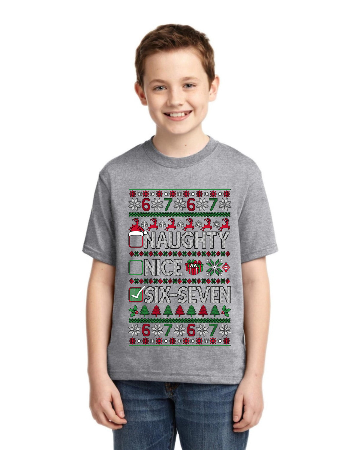 Naughty Nice 6 7 Checklist Ugly Christmas Sweater For Kids | Unisex Boys Girls Graphic Youth T-Shirt