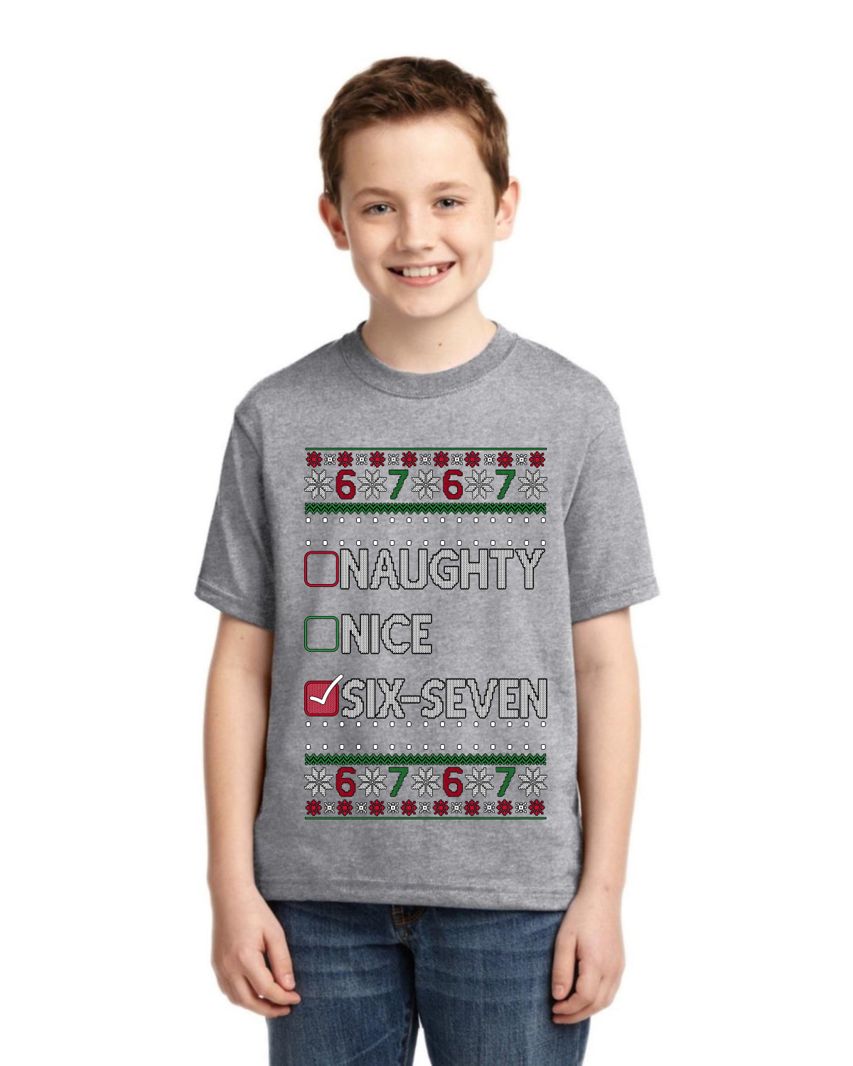 Naughty Nice 6 7 Checklist Ugly Christmas Sweater For Kids | Unisex Boys Girls Graphic Youth T-Shirt
