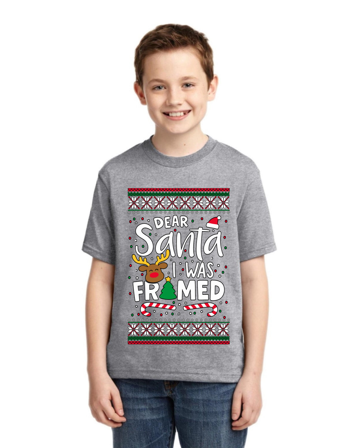 Dear Santa I Was Framed Ugly Christmas Sweater For Kids | Unisex Boys Girls Graphic Youth T-Shirt