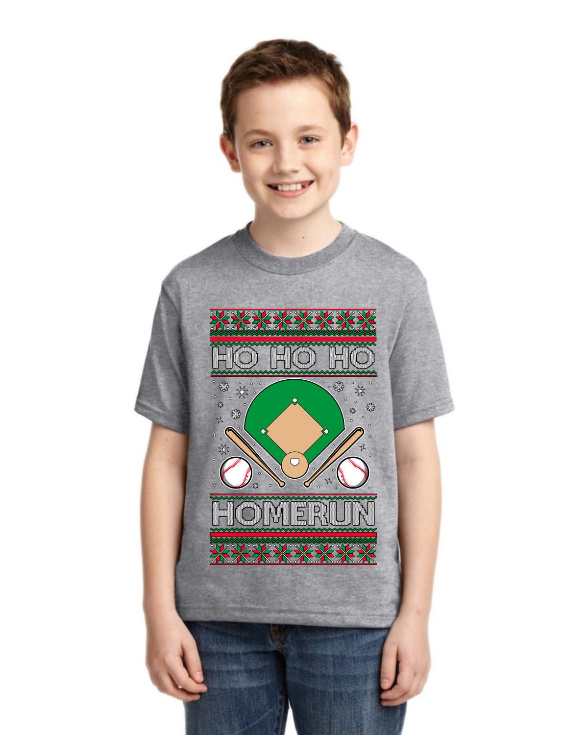 Ho Ho Ho Homerun, Baseball Fan Christmas Design Ugly Christmas Sweater For Kids | Unisex Boys Girls Graphic Youth T-Shirt