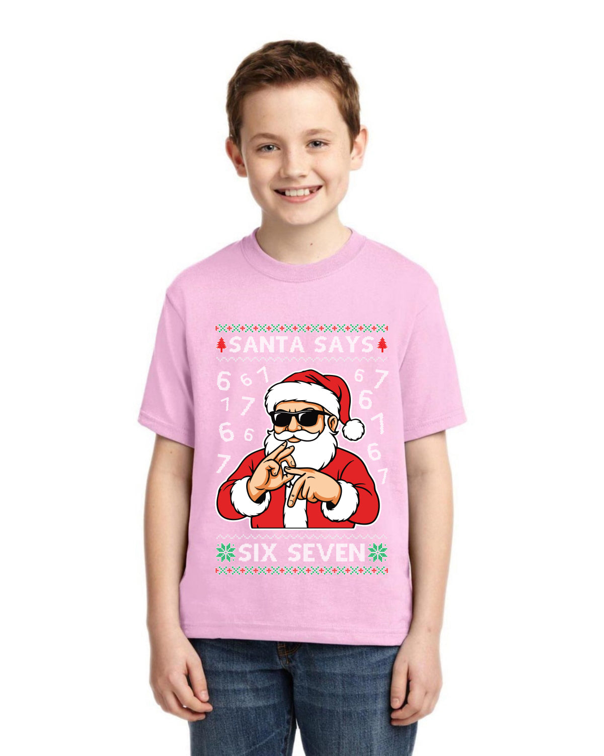 Santa Says 6 7 Numbers Meme Ugly Christmas Sweater For Kids | Unisex Boys Girls Graphic Youth T-Shirt