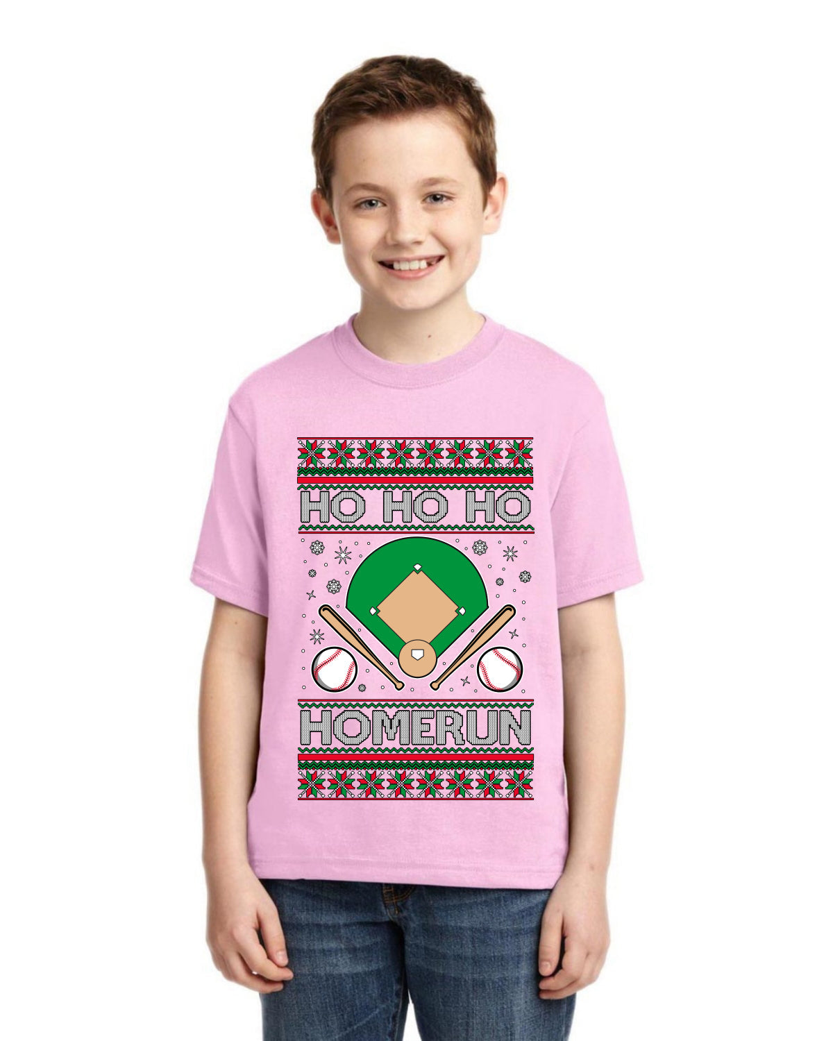 Ho Ho Ho Homerun, Baseball Fan Christmas Design Ugly Christmas Sweater For Kids | Unisex Boys Girls Graphic Youth T-Shirt