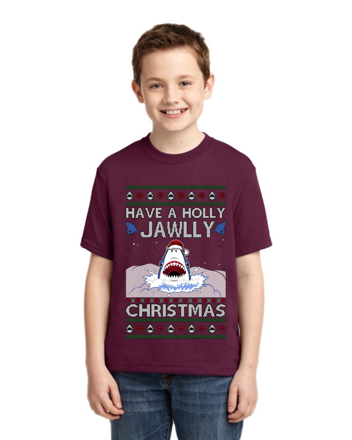 Have a Holly Jawlly Christmas, Cute Shark Ugly Christmas Sweater For Kids | Unisex Boys Girls Graphic Youth T-Shirt