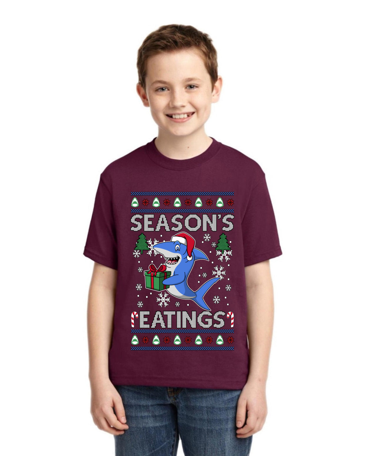 Season's Eatings Shark Ugly Christmas Sweater For Kids | Unisex Boys Girls Graphic Youth T-Shirt