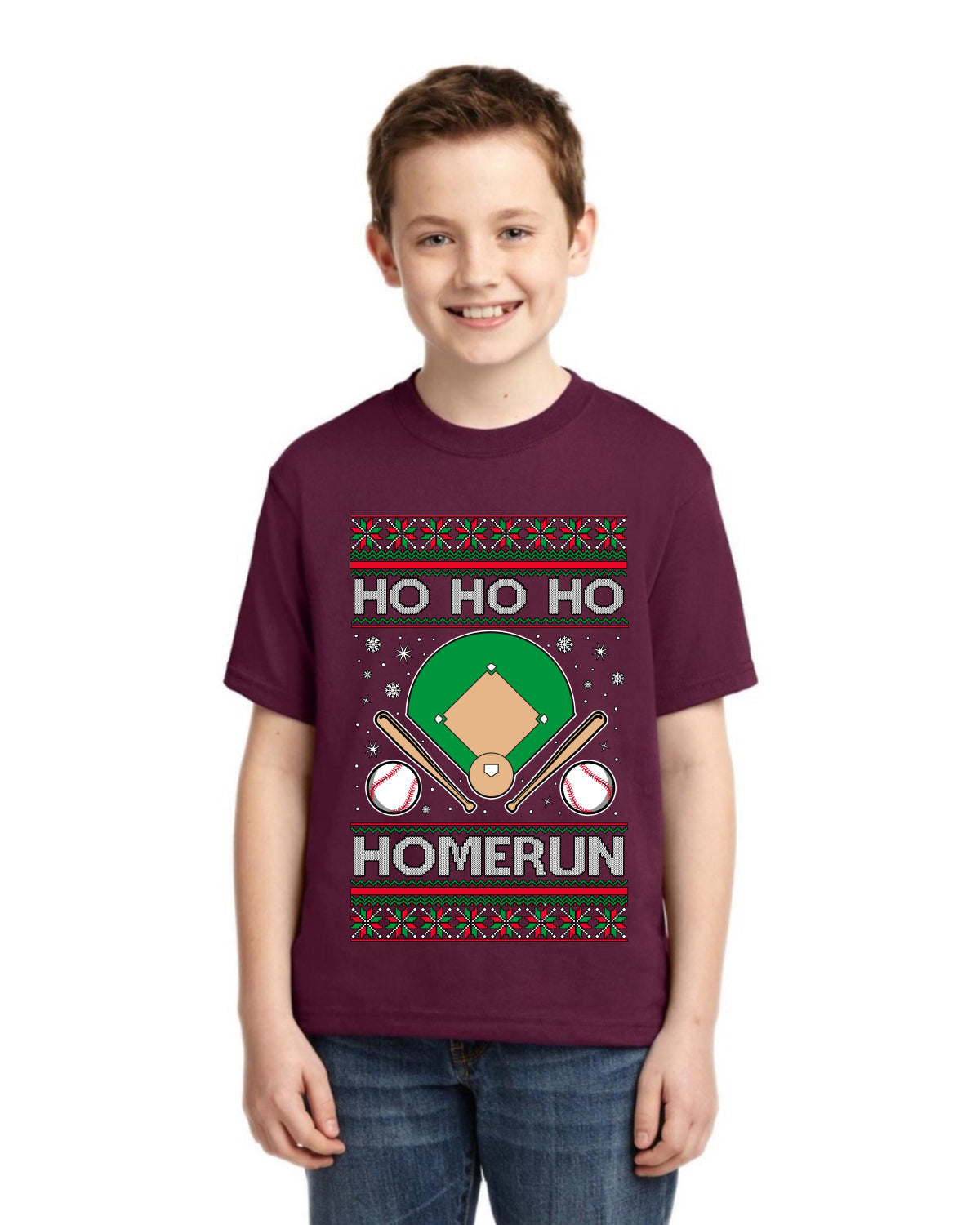 Ho Ho Ho Homerun, Baseball Fan Christmas Design Ugly Christmas Sweater For Kids | Unisex Boys Girls Graphic Youth T-Shirt