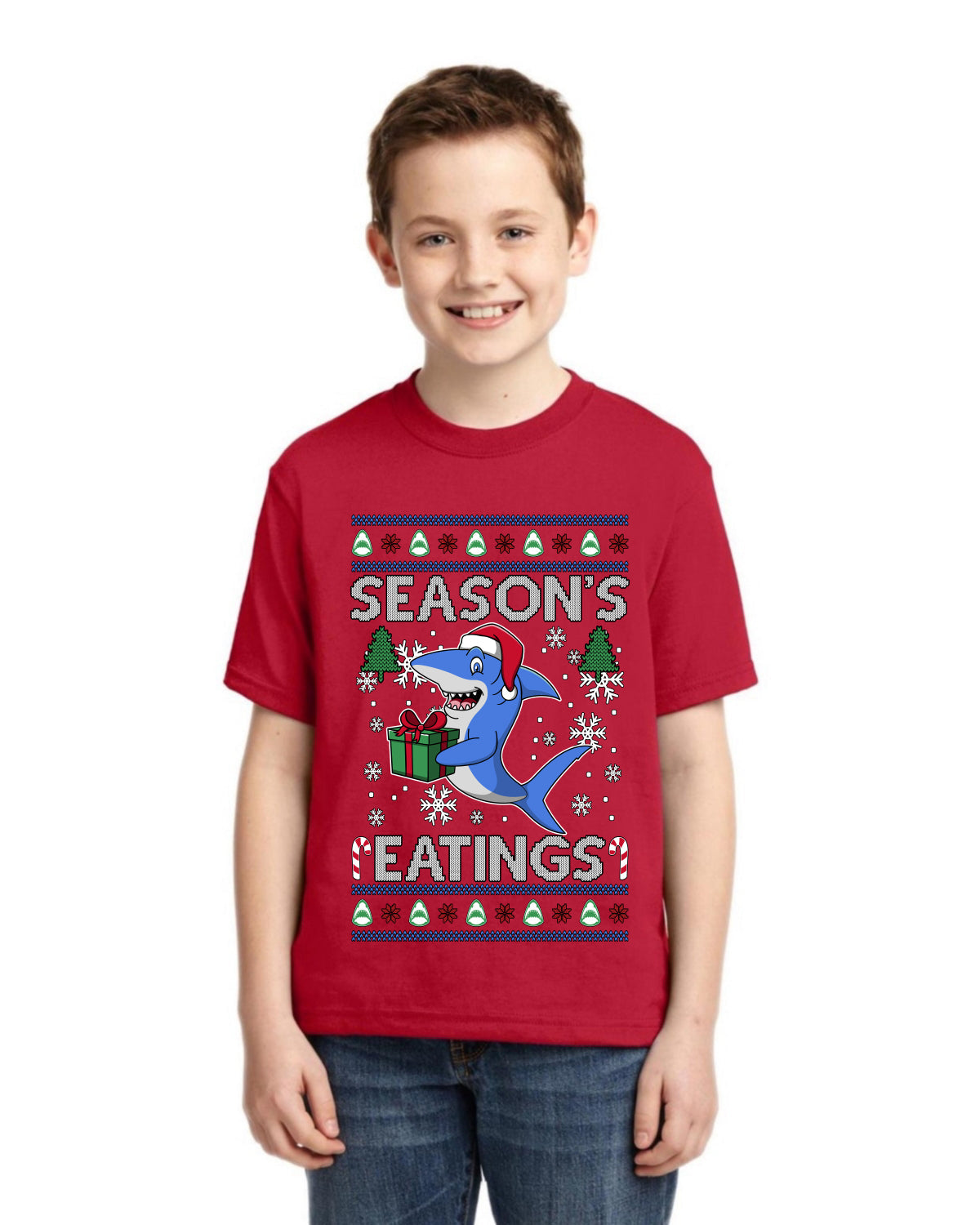 Season's Eatings Shark Ugly Christmas Sweater For Kids | Unisex Boys Girls Graphic Youth T-Shirt