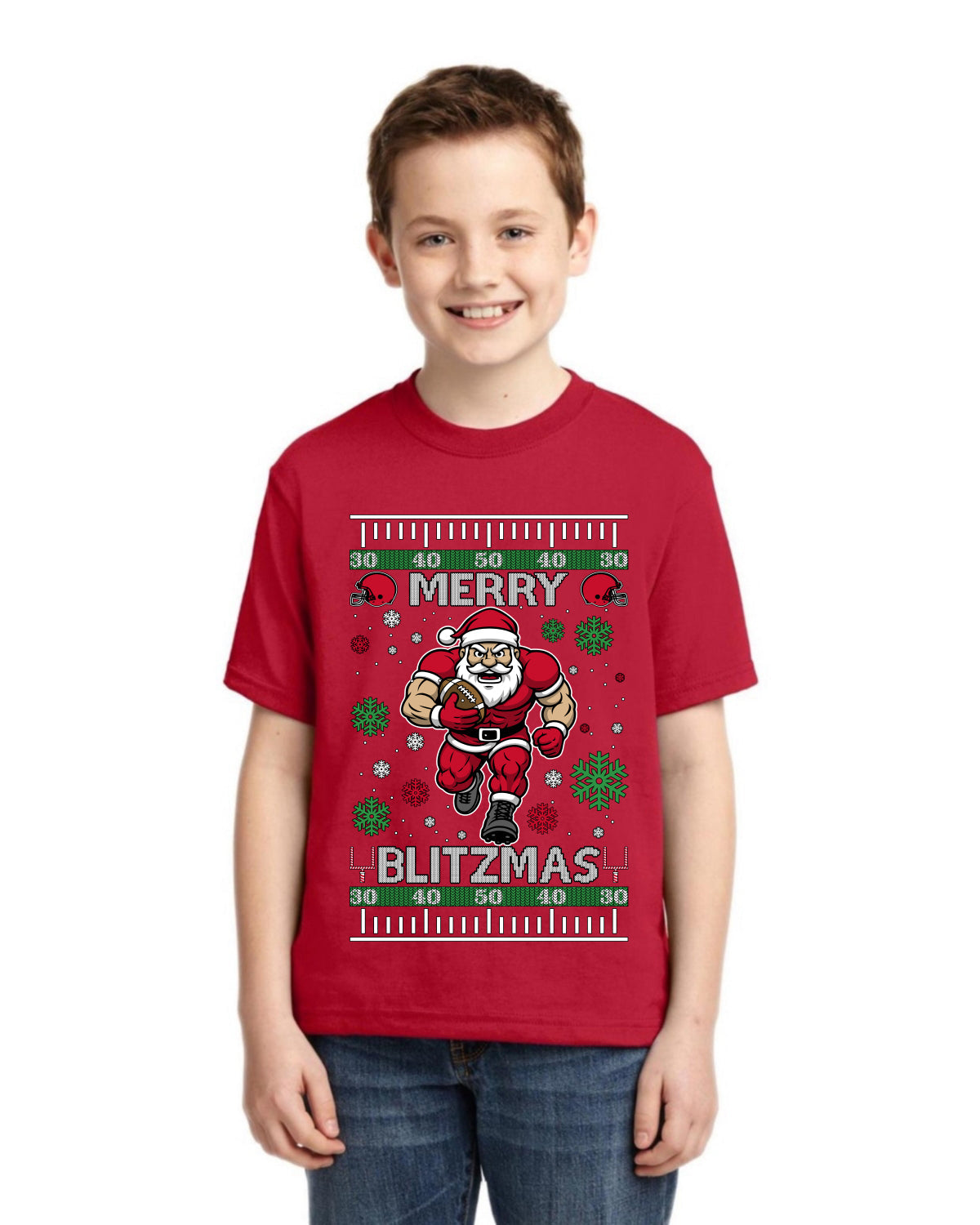 Merry Blitzmas, Football Christmas Sweater Design Ugly Christmas Sweater For Kids | Unisex Boys Girls Graphic Youth T-Shirt