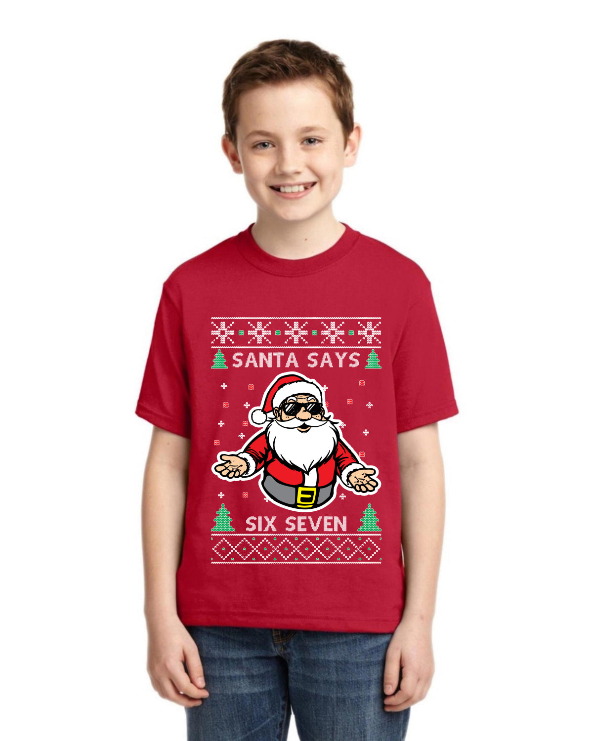 Santa Says 6 7 Meme Ugly Christmas Sweater For Kids | Unisex Boys Girls Graphic Youth T-Shirt