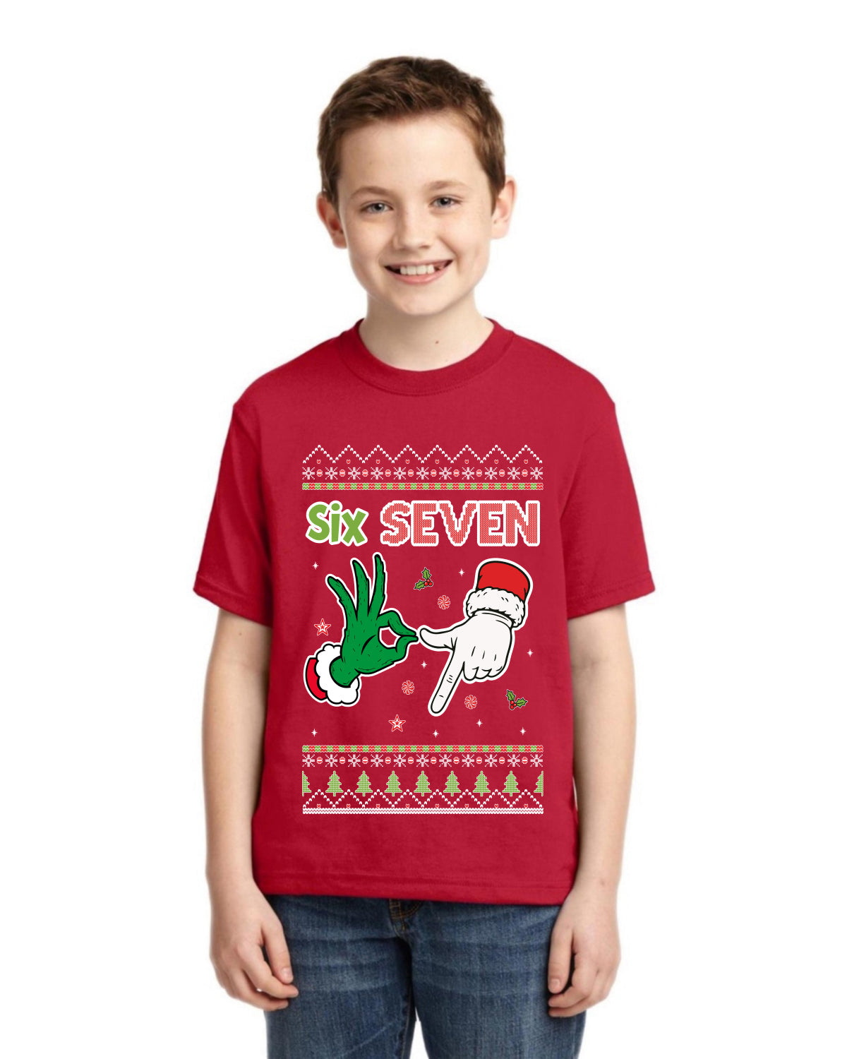 6 7 Christmas Hands Ugly Christmas Sweater For Kids | Unisex Boys Girls Graphic Youth T-Shirt