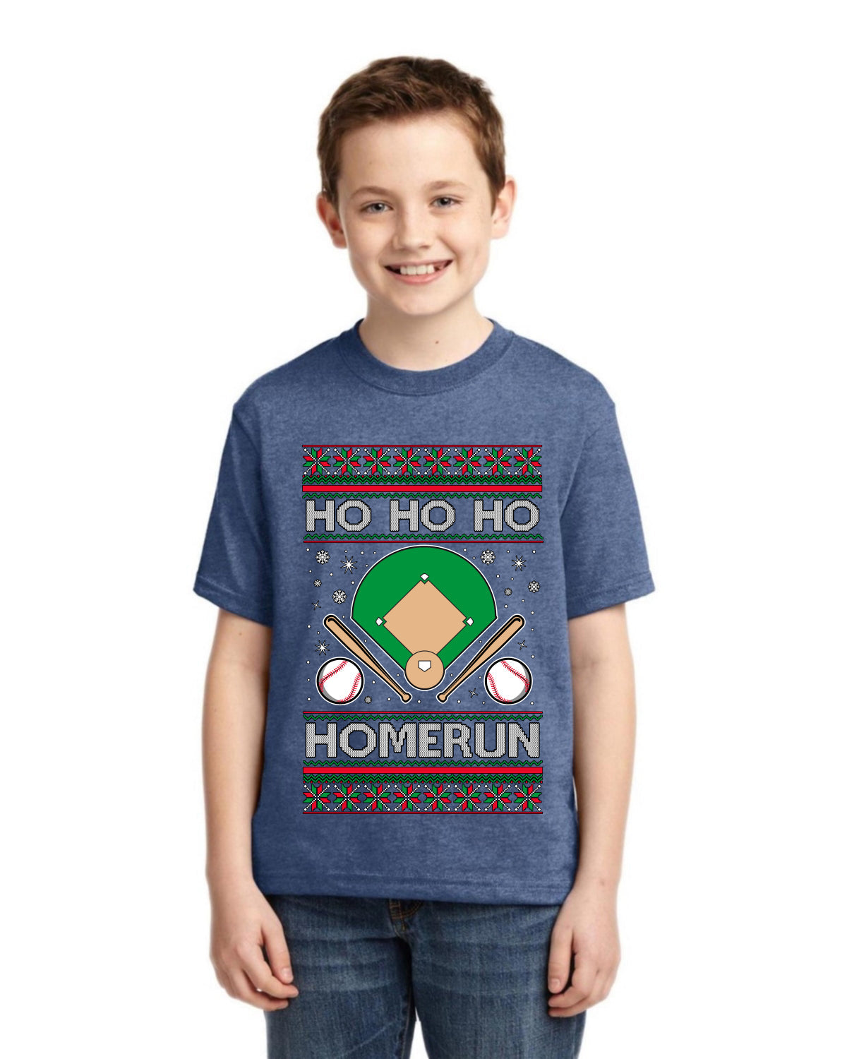 Ho Ho Ho Homerun, Baseball Fan Christmas Design Ugly Christmas Sweater For Kids | Unisex Boys Girls Graphic Youth T-Shirt