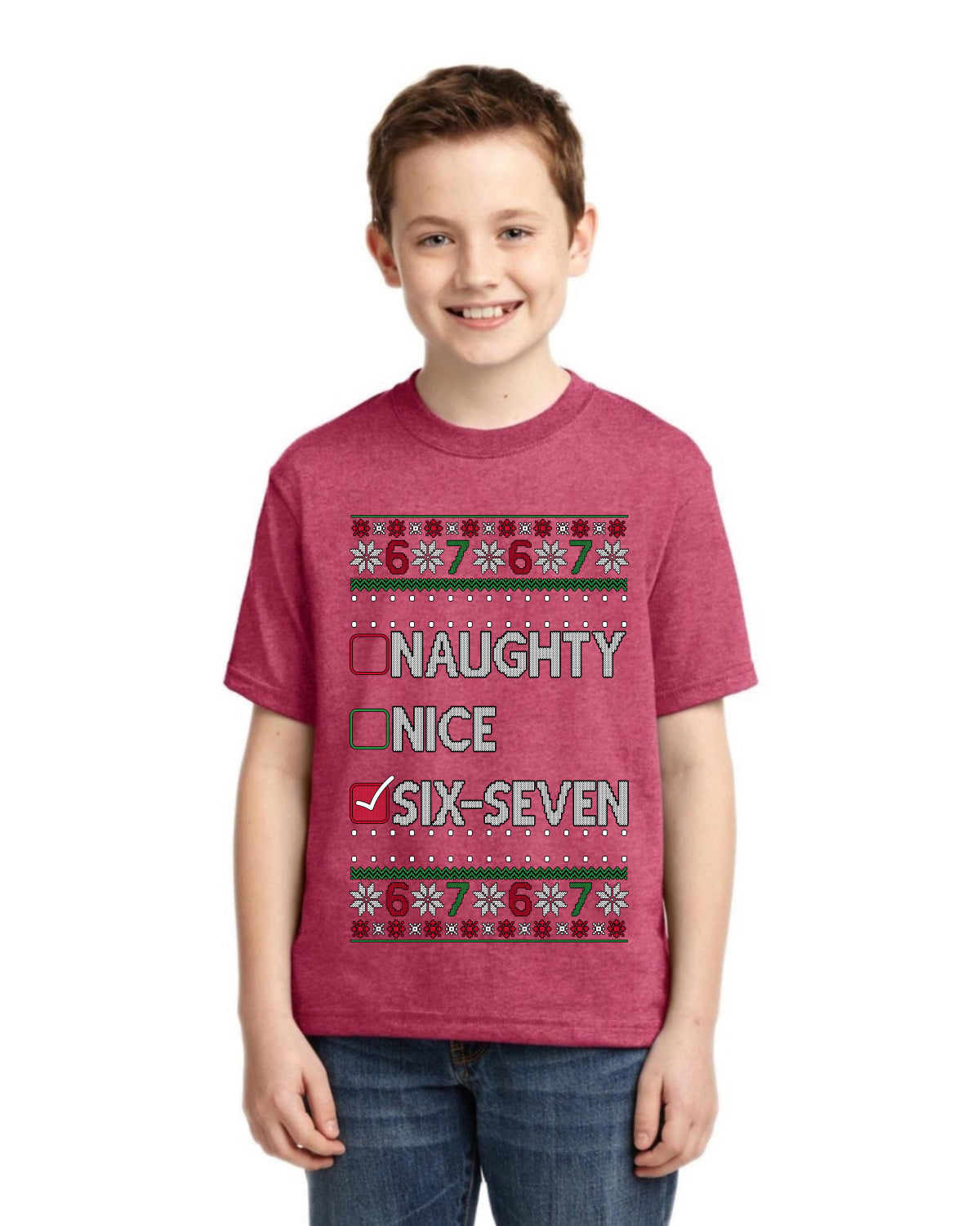 Naughty Nice 6 7 Checklist Ugly Christmas Sweater For Kids | Unisex Boys Girls Graphic Youth T-Shirt