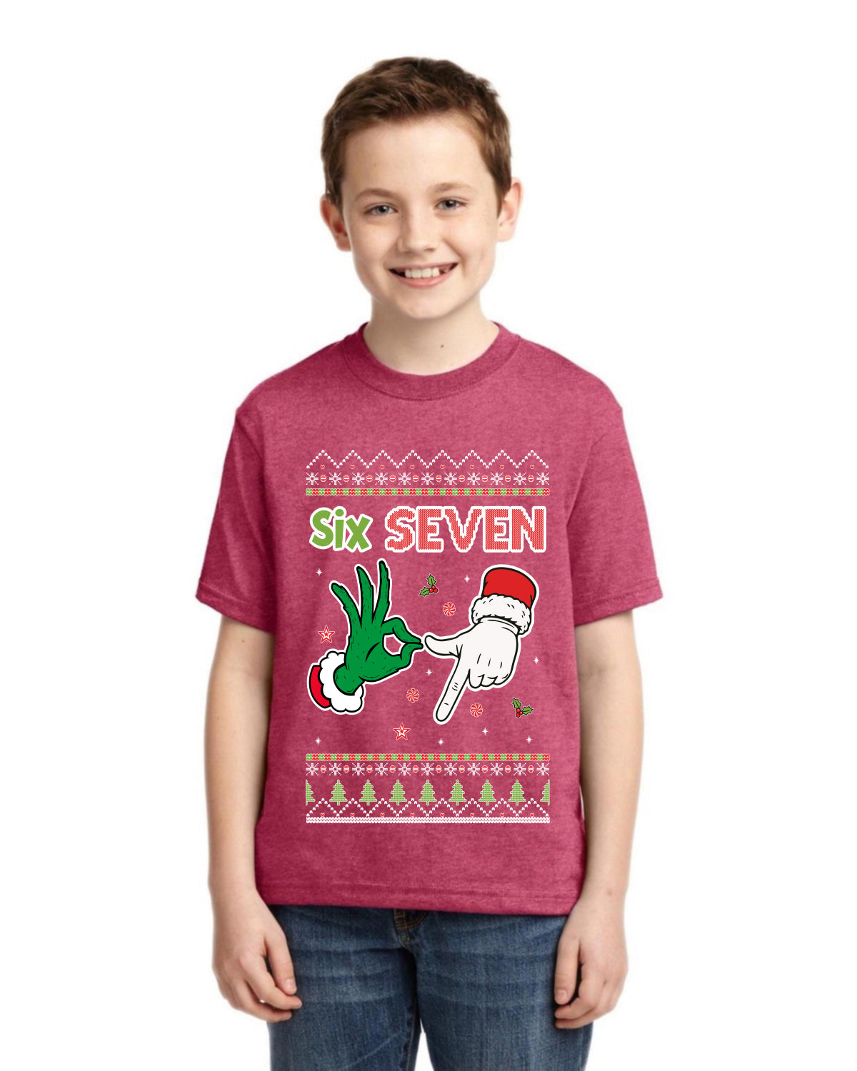 6 7 Christmas Hands Ugly Christmas Sweater For Kids | Unisex Boys Girls Graphic Youth T-Shirt