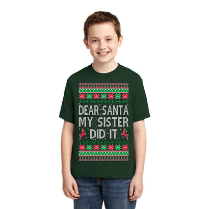 Dear Santa My Sister Did It Christmas Unisex Boys Girls Graphic Youth T-Shirt