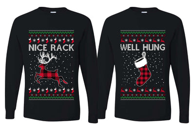 Nice Rack, Well Hung Sweater Girlfriend Boyfriend Gift His and Hers Matching Ugly Christmas Couple Long Sleeve Shirt