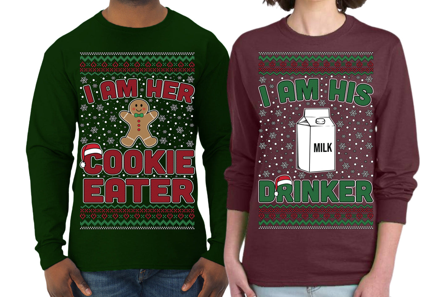 Cookie Eater, Milk Drinker Funny Couples Shirt Girlfriend Boyfriend Gift His and Hers Matching Ugly Christmas Couple Long Sleeve Shirt