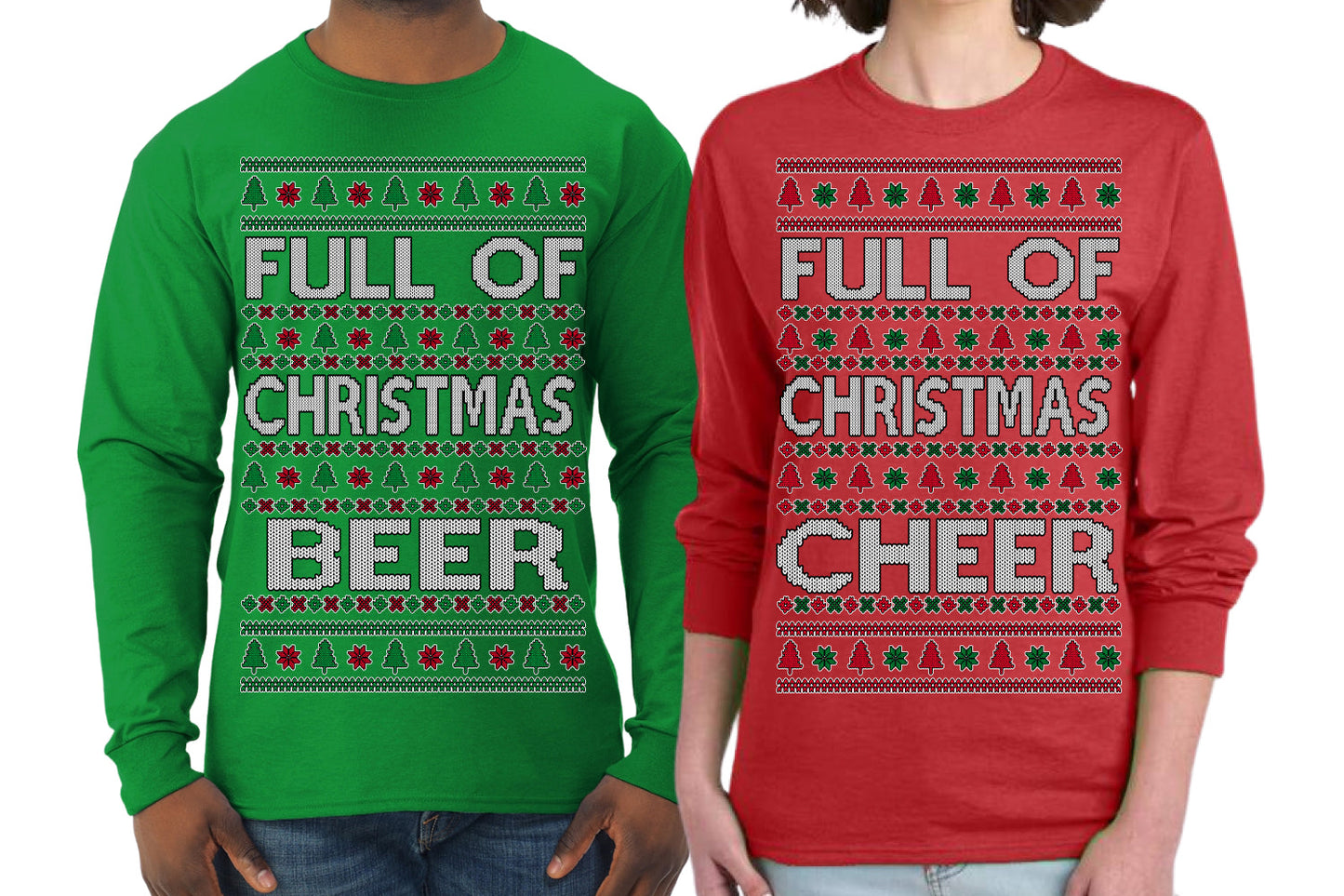 Full of Christmas Cheer Beer Husband Wife Couple Shirt Girlfriend Boyfriend Gift His and Hers Matching Ugly Christmas Couple Long Sleeve Shirt